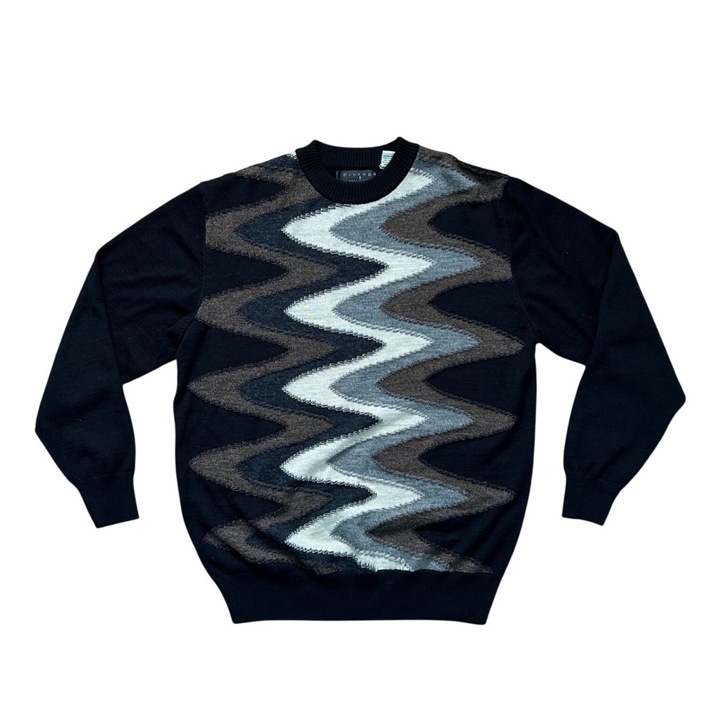 Vtg 3D Knit Zigzag Sweater Mens Large Black Grey Wool Blend‎ coogie inspired